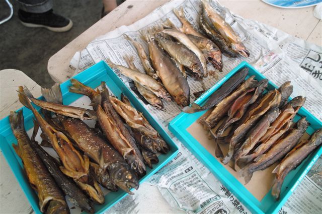 みんなが釣ってきた鮎や岩魚。串に一本一本刺して塩焼きにした物や燻製にした物などどれも美味である。冷えた生ビールの肴に僕はしっかりと７～８本は食べた。